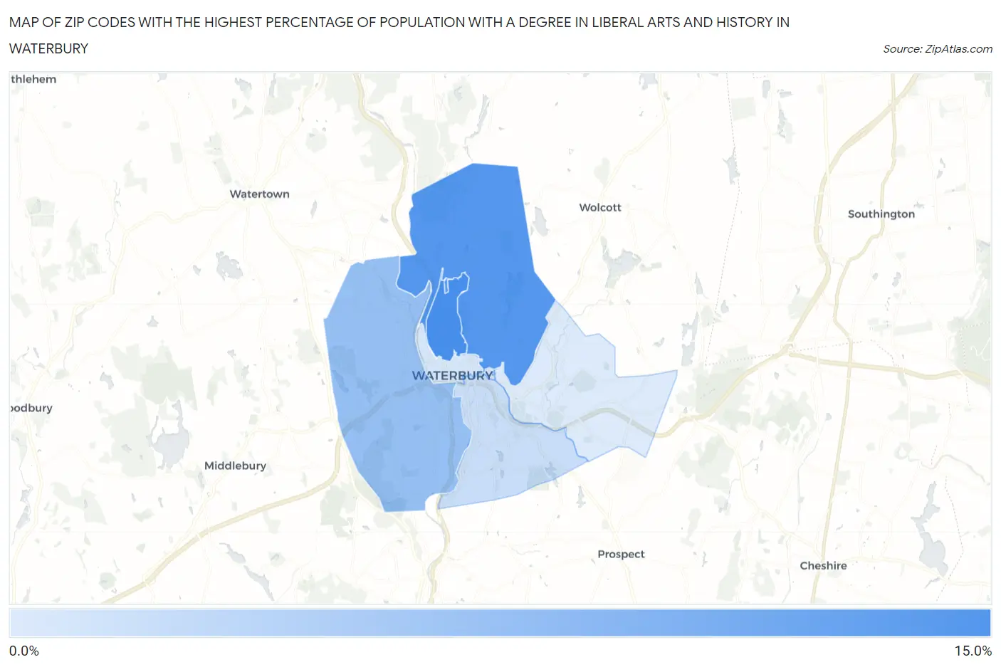 Zip Codes with the Highest Percentage of Population with a Degree in Liberal Arts and History in Waterbury Map
