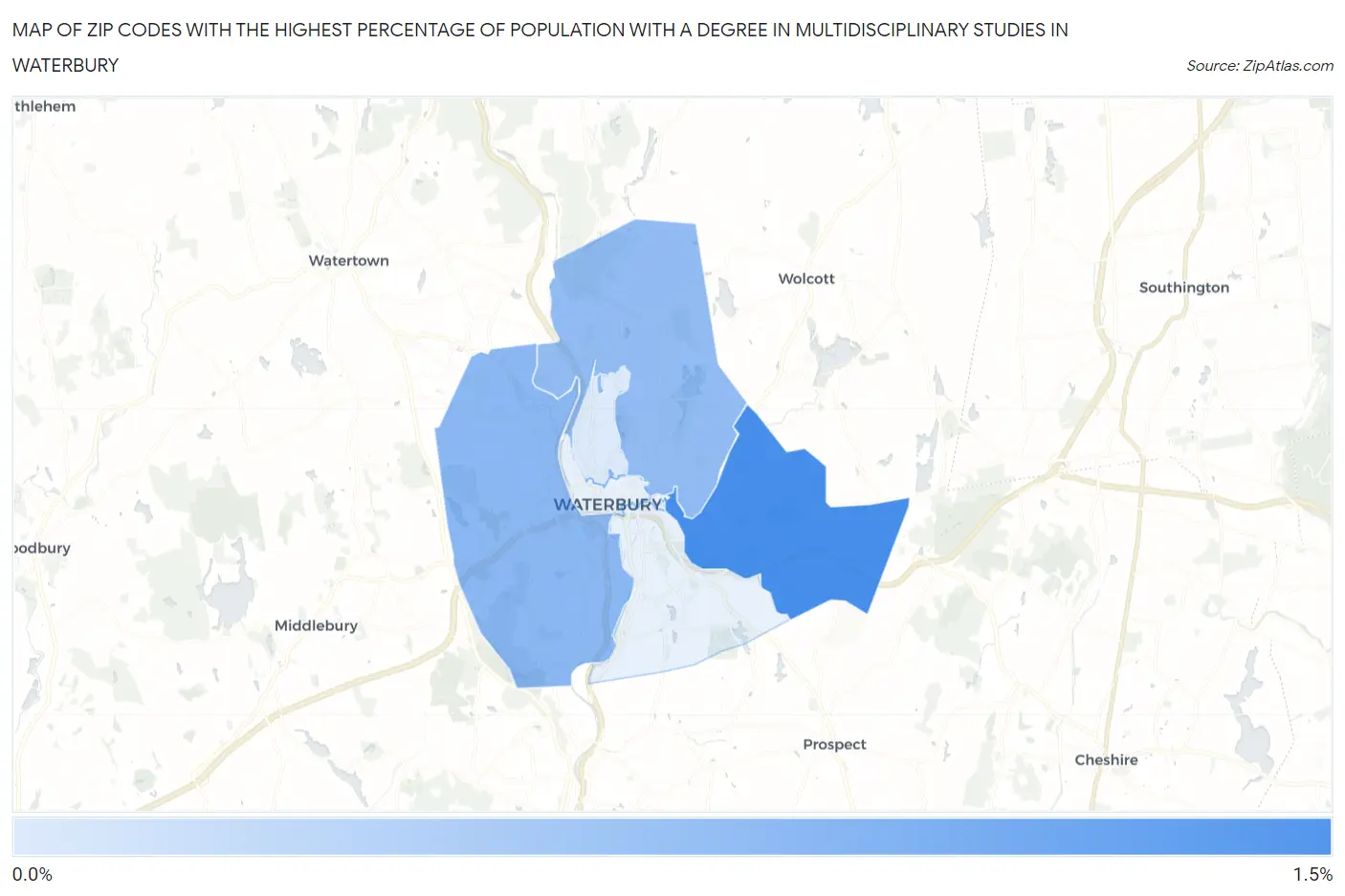 Zip Codes with the Highest Percentage of Population with a Degree in Multidisciplinary Studies in Waterbury Map