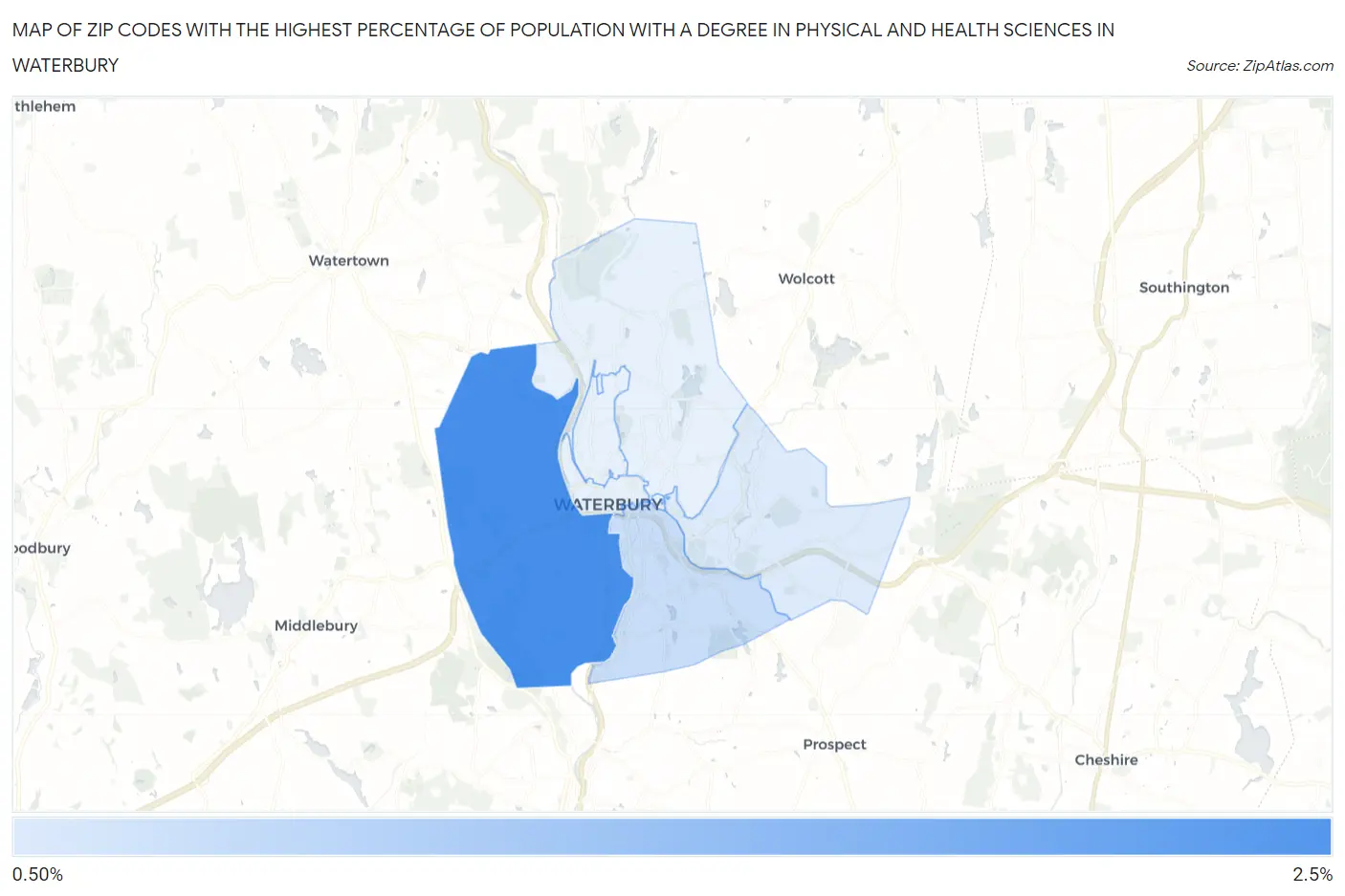 Zip Codes with the Highest Percentage of Population with a Degree in Physical and Health Sciences in Waterbury Map