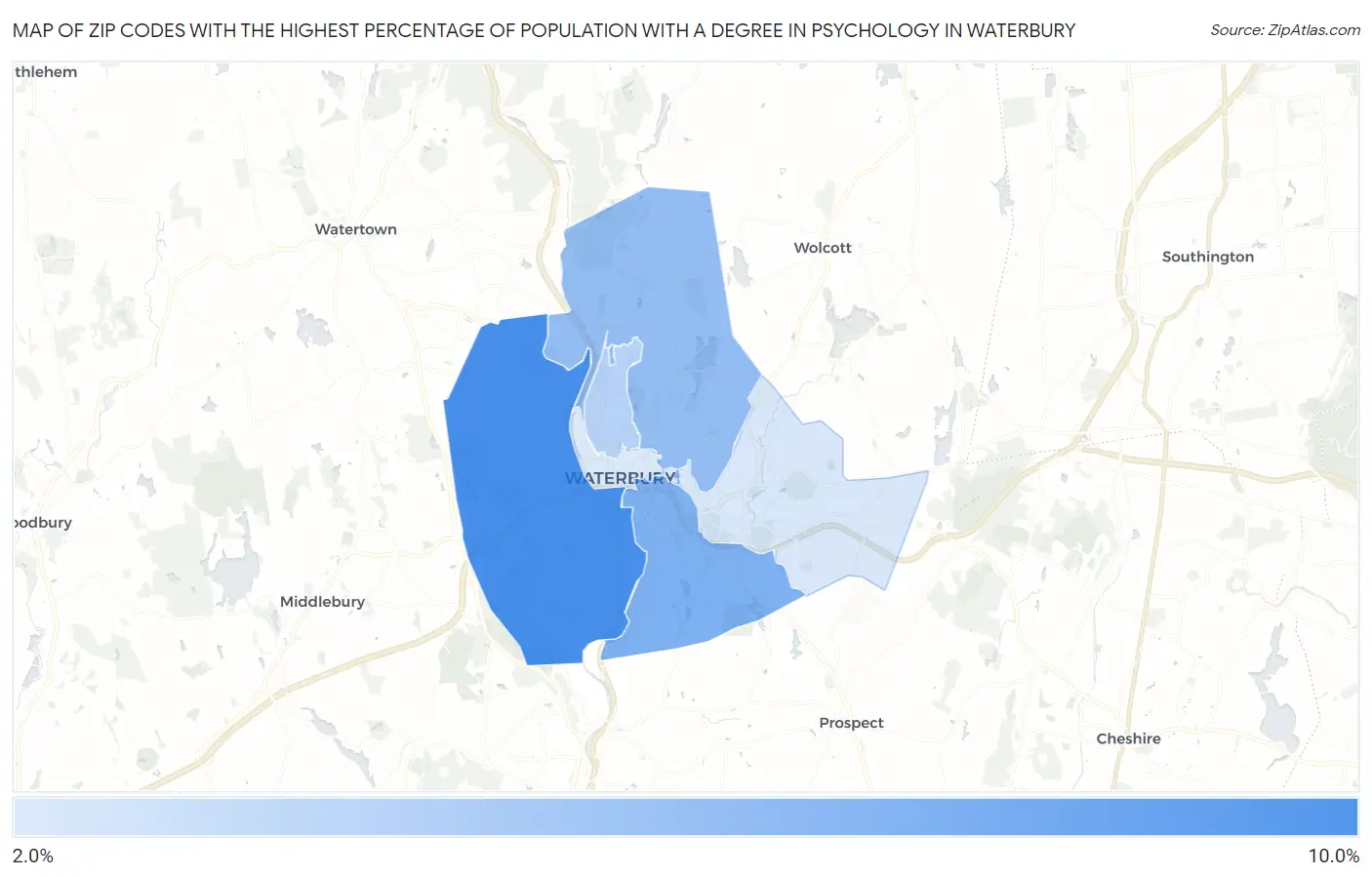 Zip Codes with the Highest Percentage of Population with a Degree in Psychology in Waterbury Map