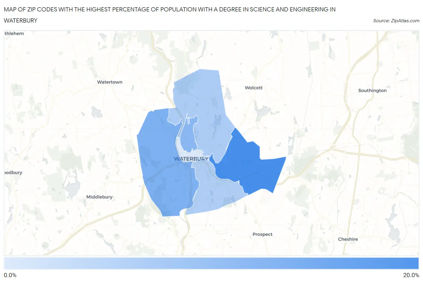 Zip Codes with the Highest Percentage of Population with a Degree in Science and Engineering in Waterbury Map