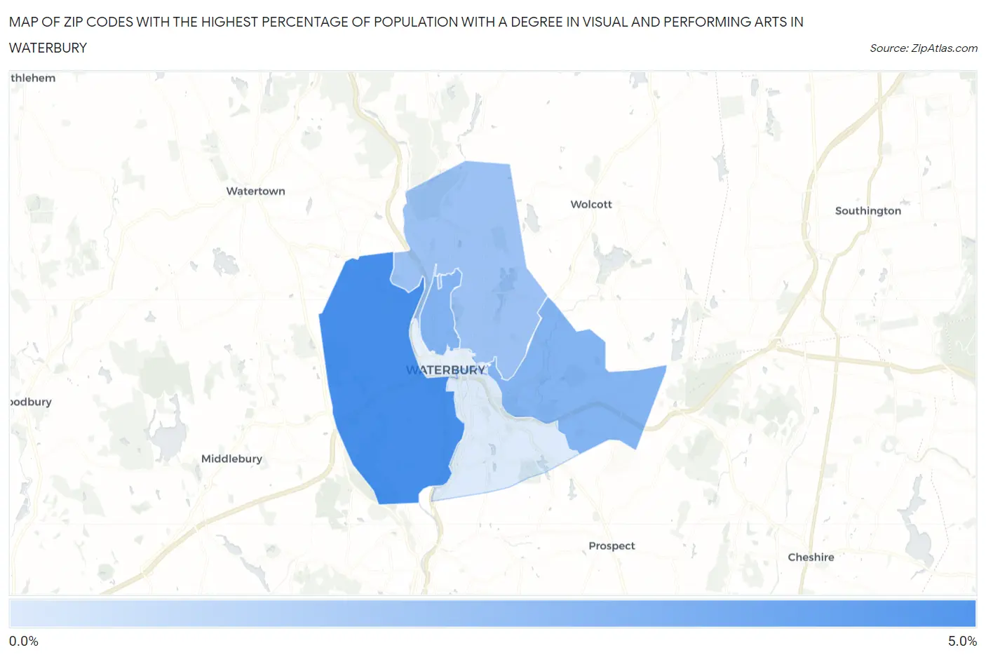 Zip Codes with the Highest Percentage of Population with a Degree in Visual and Performing Arts in Waterbury Map