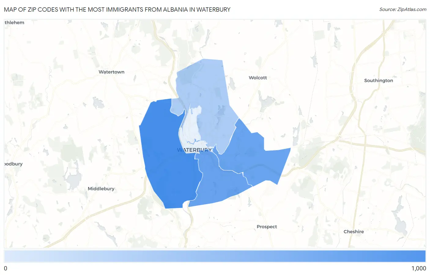 Zip Codes with the Most Immigrants from Albania in Waterbury Map