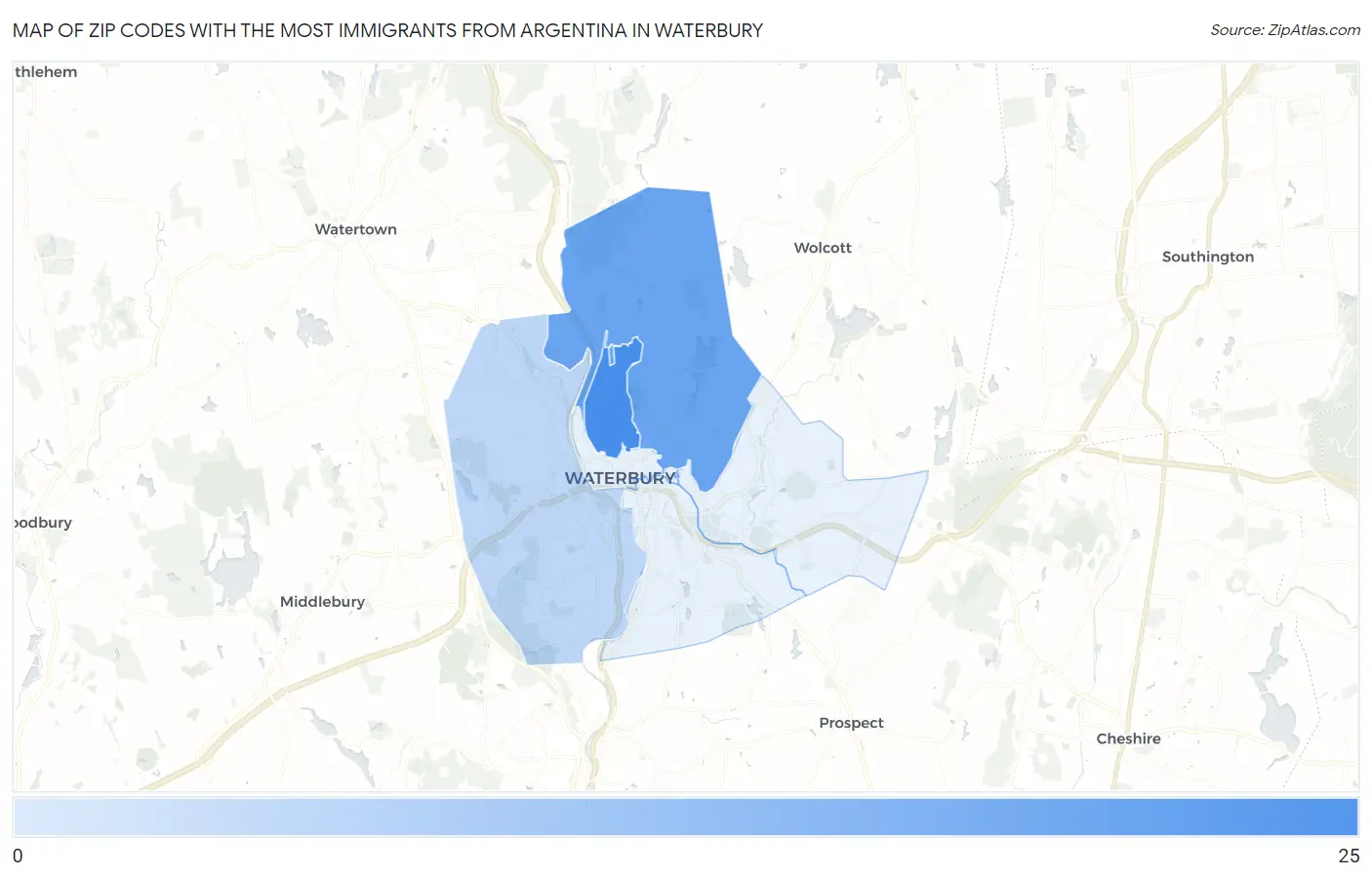 Zip Codes with the Most Immigrants from Argentina in Waterbury Map