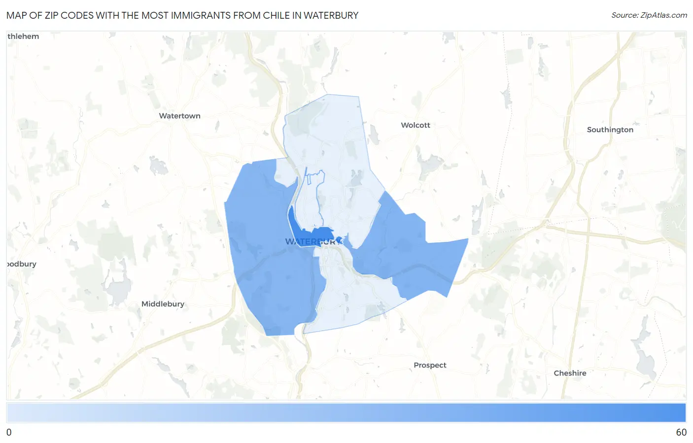 Zip Codes with the Most Immigrants from Chile in Waterbury Map