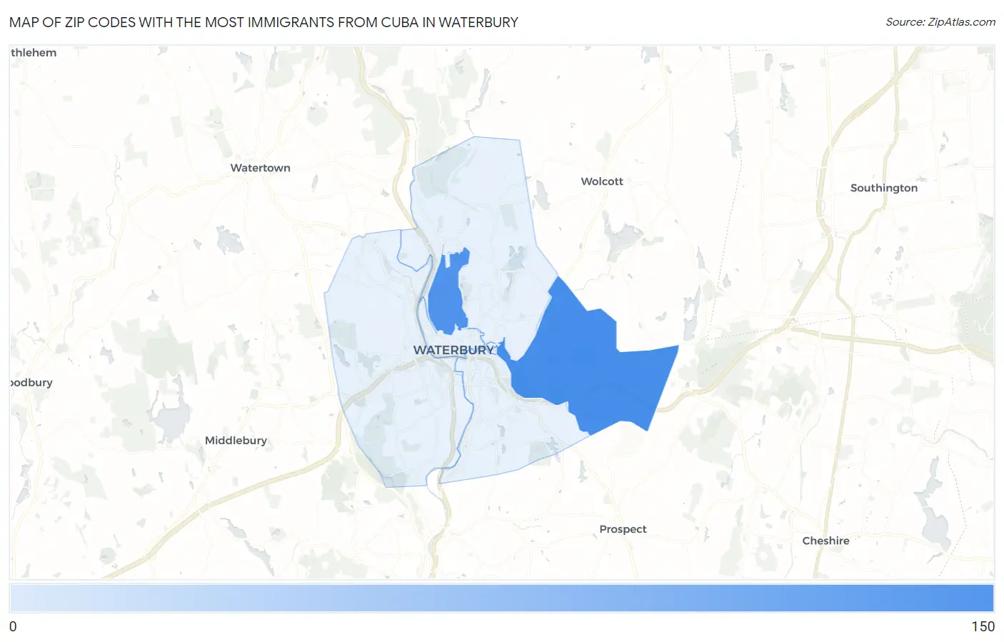 Zip Codes with the Most Immigrants from Cuba in Waterbury Map