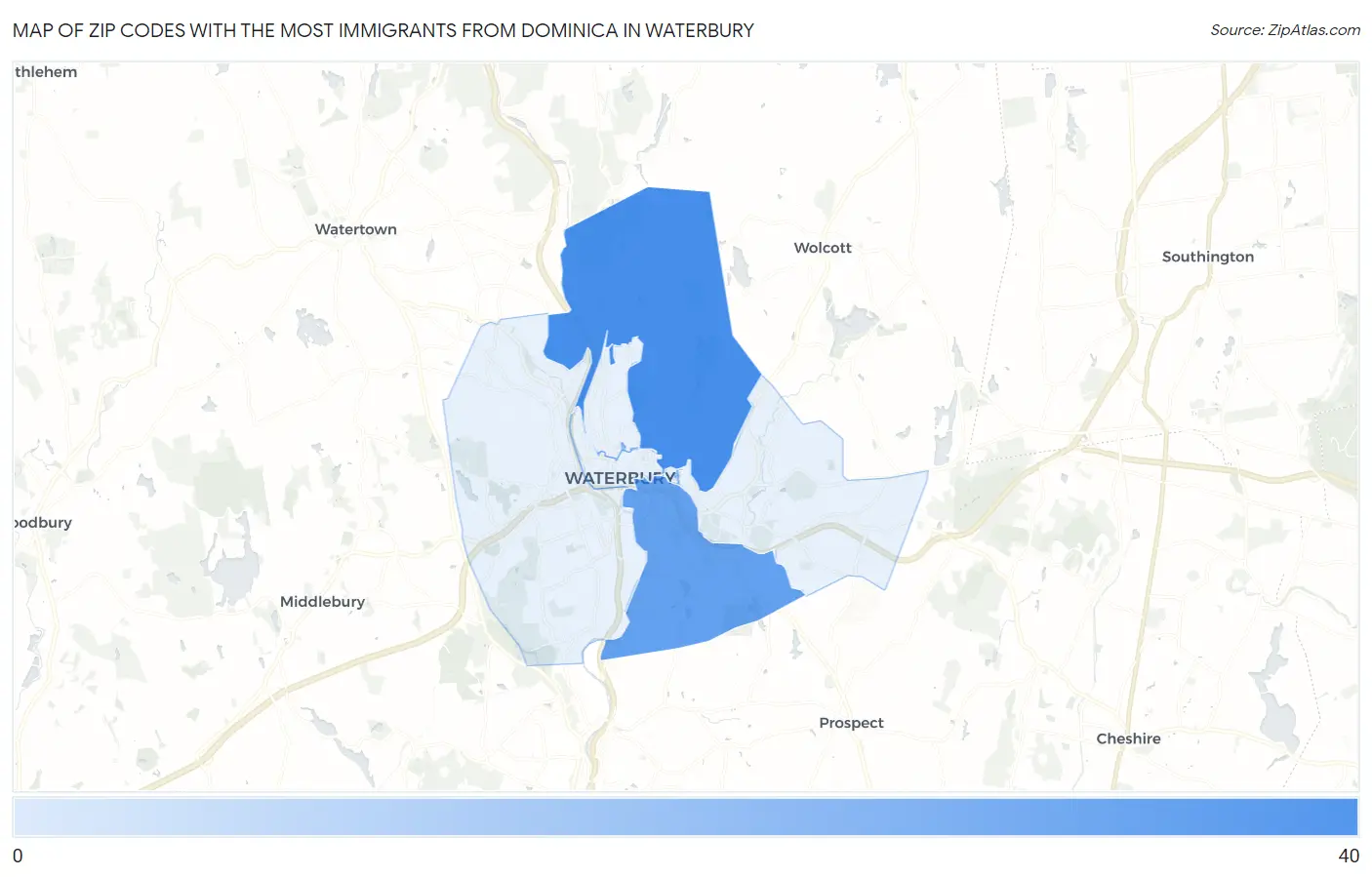 Zip Codes with the Most Immigrants from Dominica in Waterbury Map