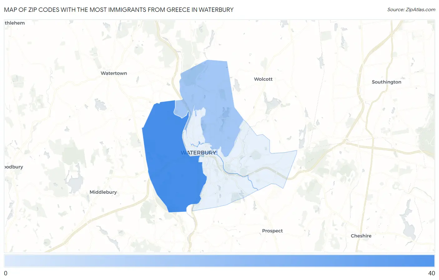 Zip Codes with the Most Immigrants from Greece in Waterbury Map