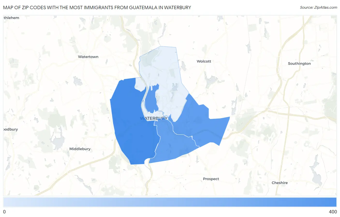 Zip Codes with the Most Immigrants from Guatemala in Waterbury Map