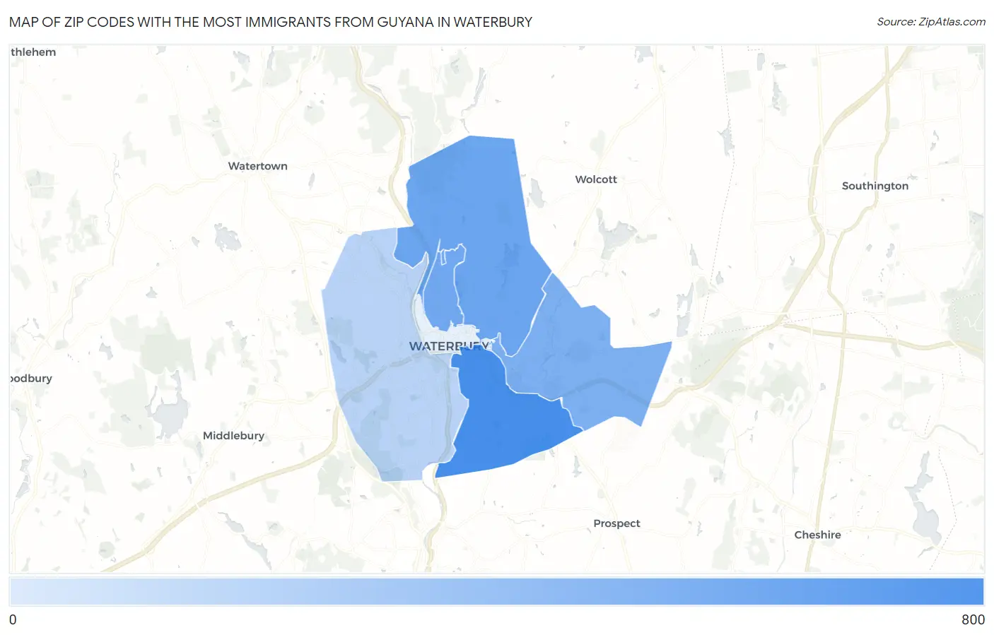 Zip Codes with the Most Immigrants from Guyana in Waterbury Map