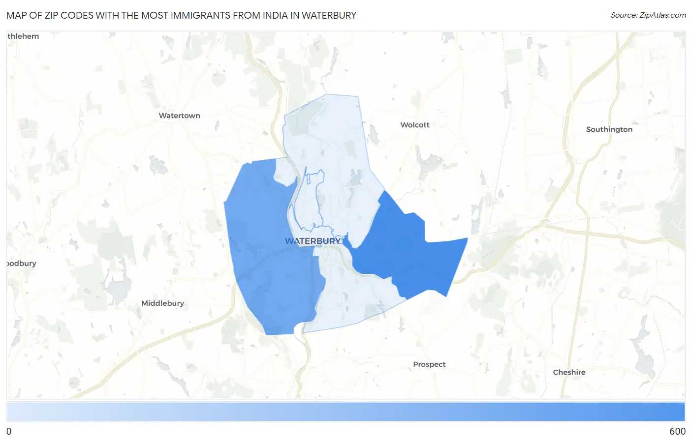 Zip Codes with the Most Immigrants from India in Waterbury Map