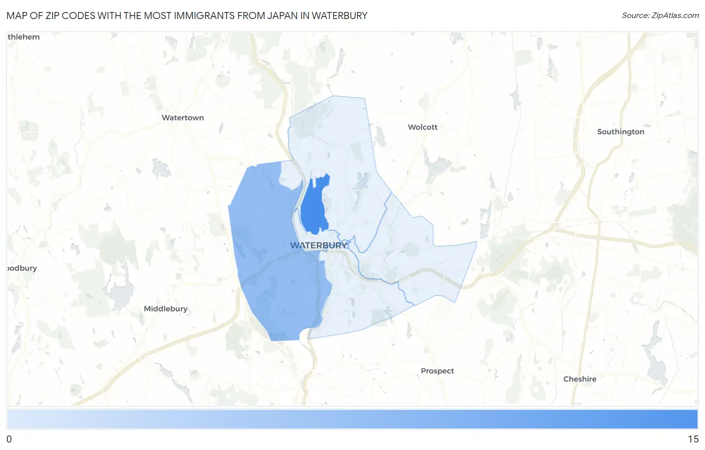 Zip Codes with the Most Immigrants from Japan in Waterbury Map