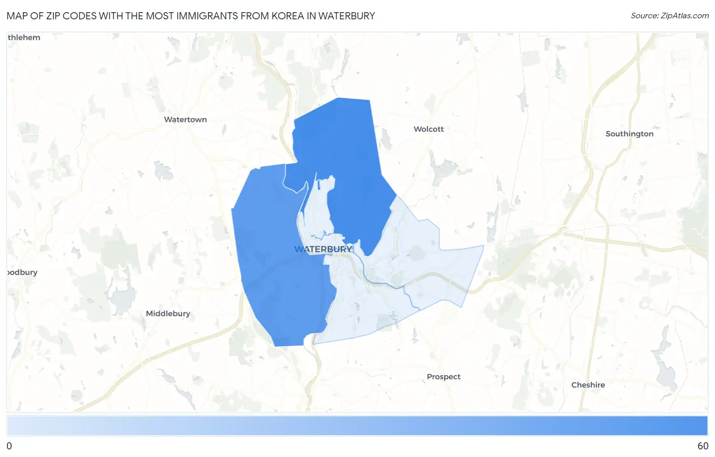 Zip Codes with the Most Immigrants from Korea in Waterbury Map