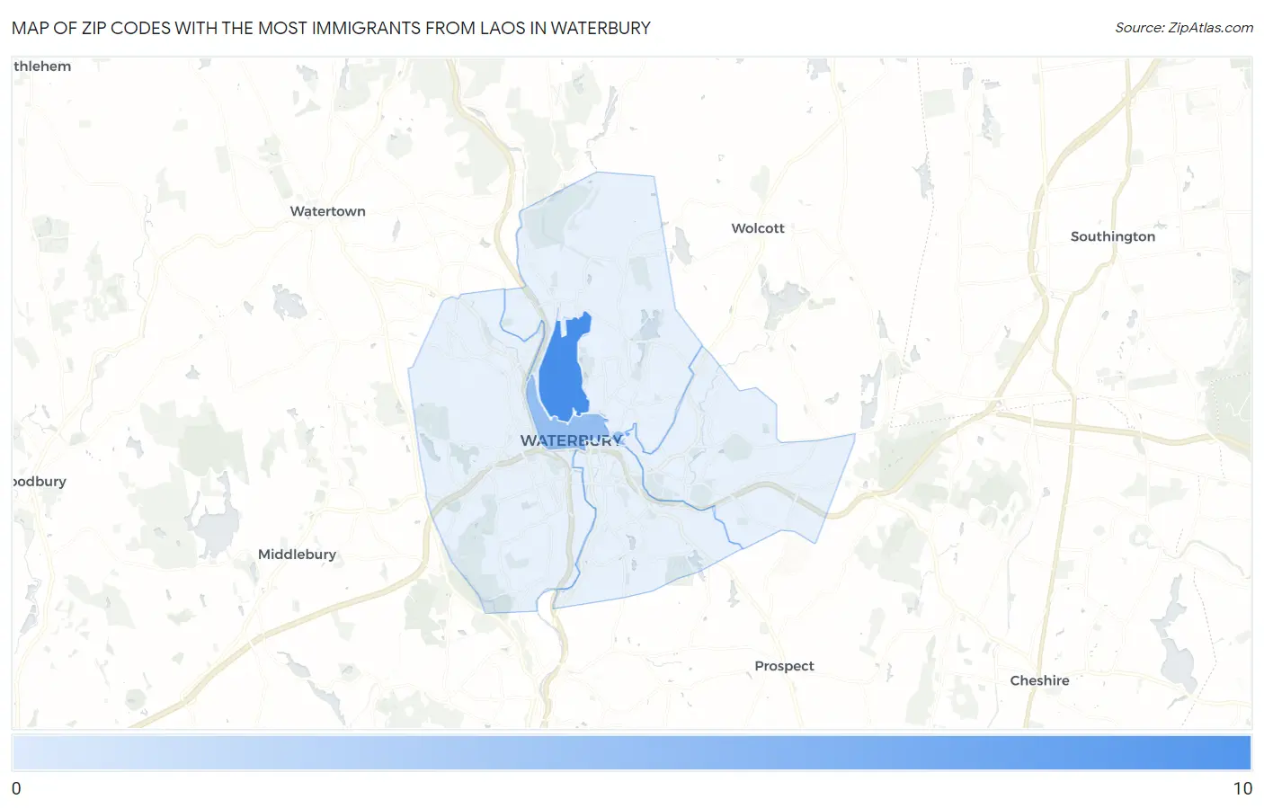 Zip Codes with the Most Immigrants from Laos in Waterbury Map