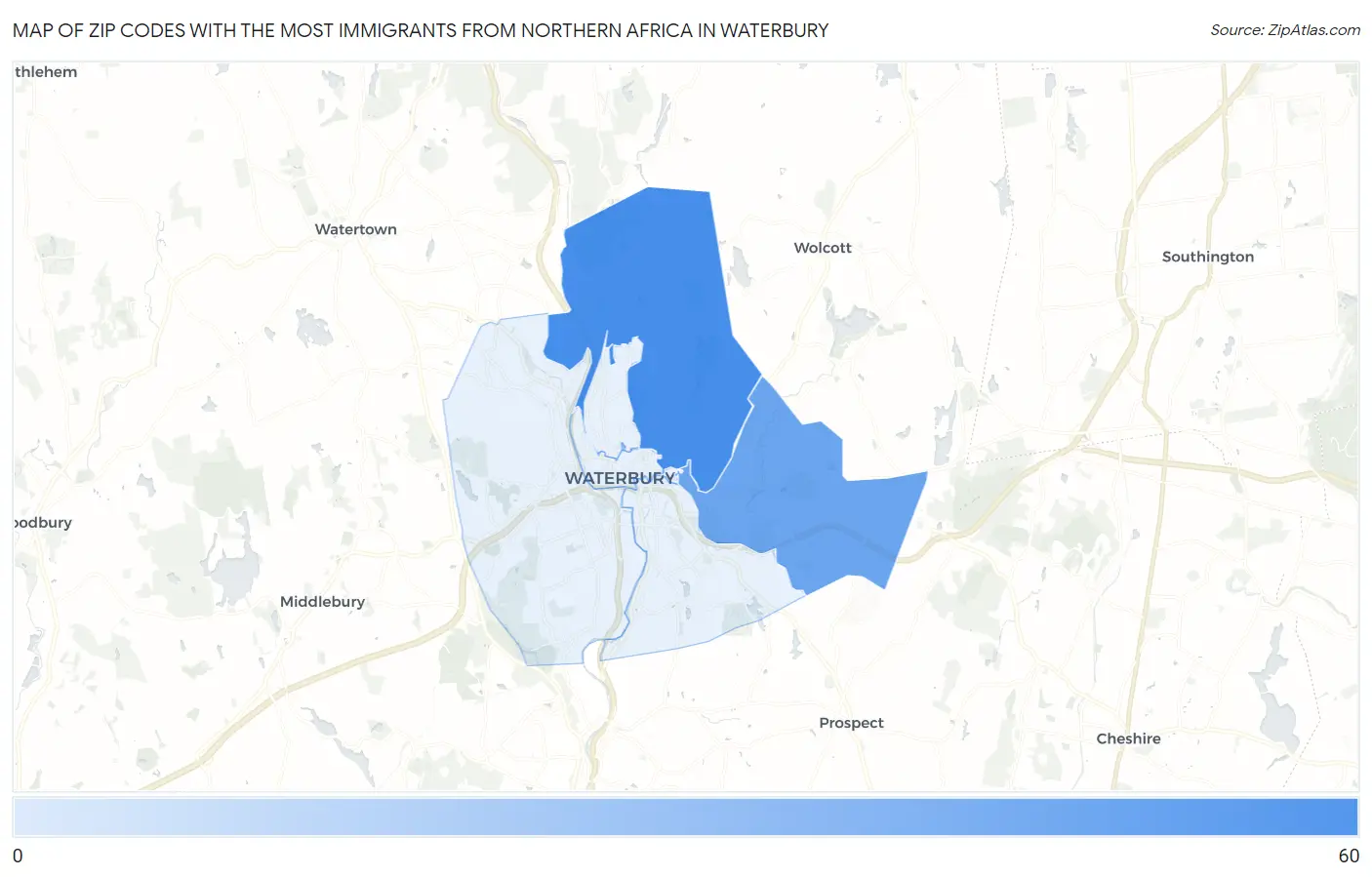 Zip Codes with the Most Immigrants from Northern Africa in Waterbury Map