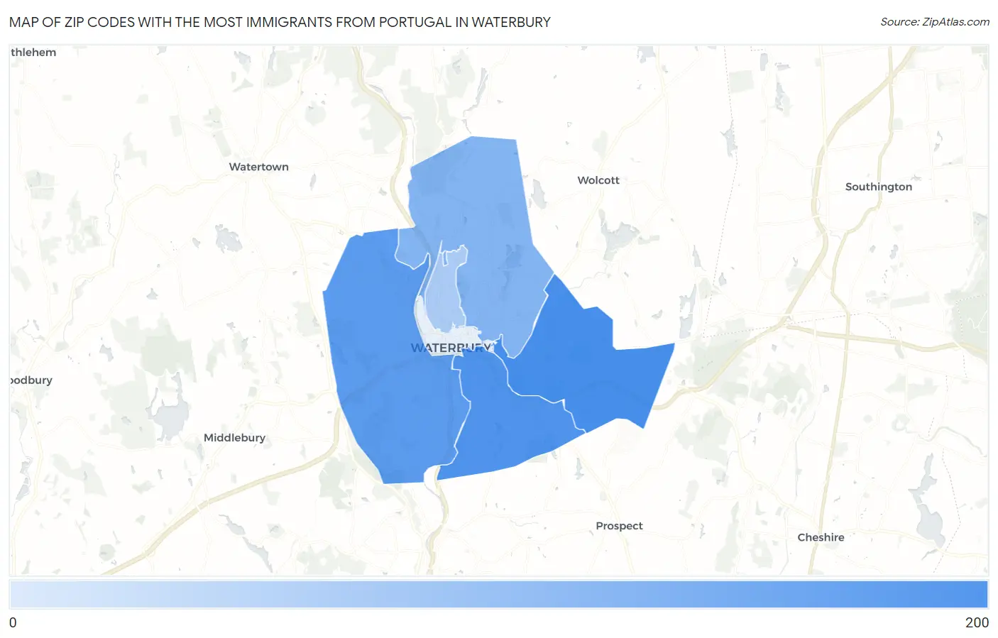 Zip Codes with the Most Immigrants from Portugal in Waterbury Map