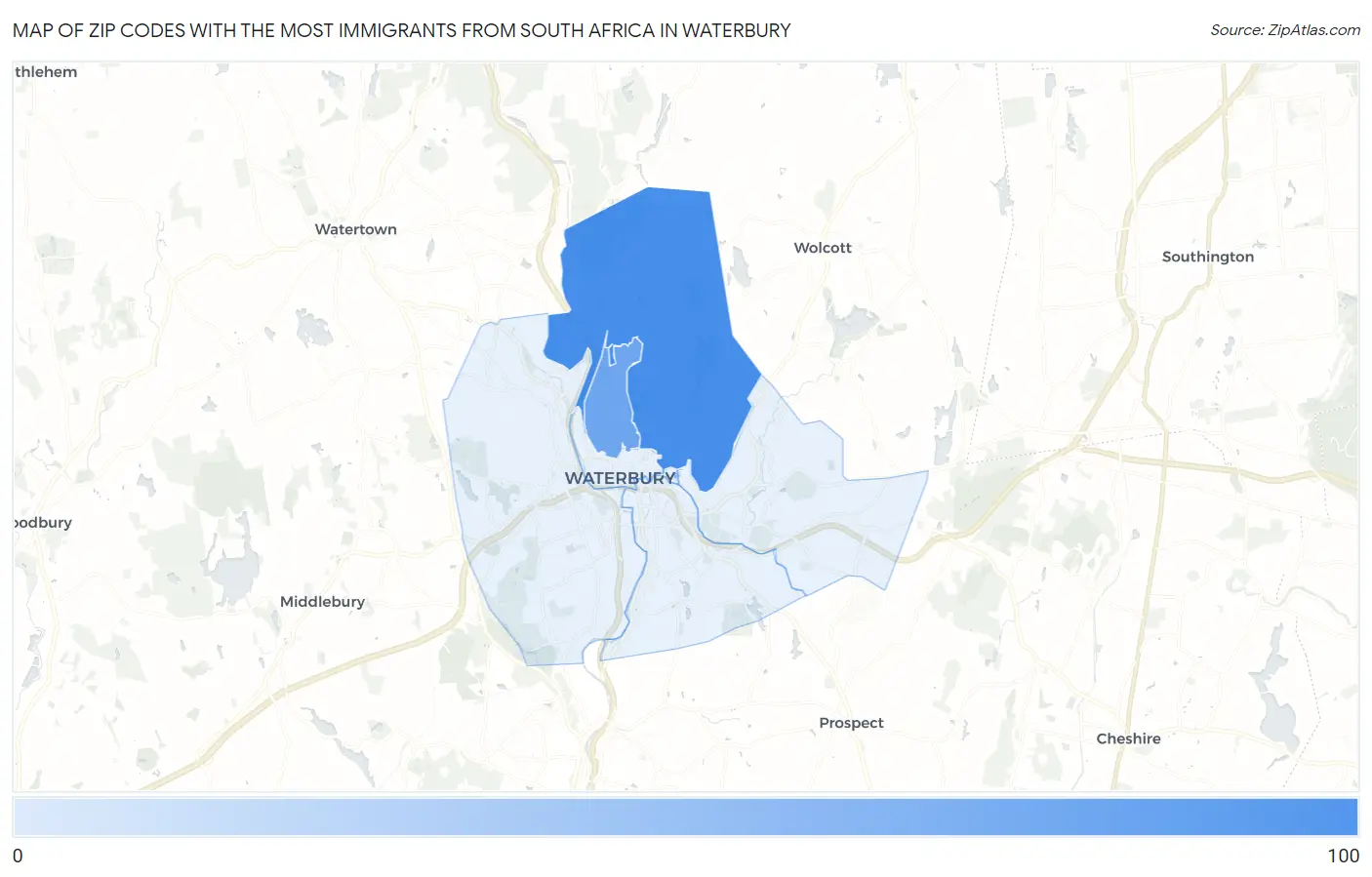 Zip Codes with the Most Immigrants from South Africa in Waterbury Map