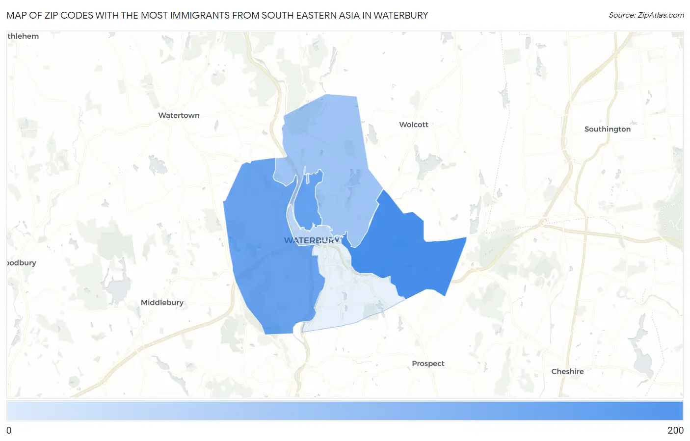 Zip Codes with the Most Immigrants from South Eastern Asia in Waterbury Map