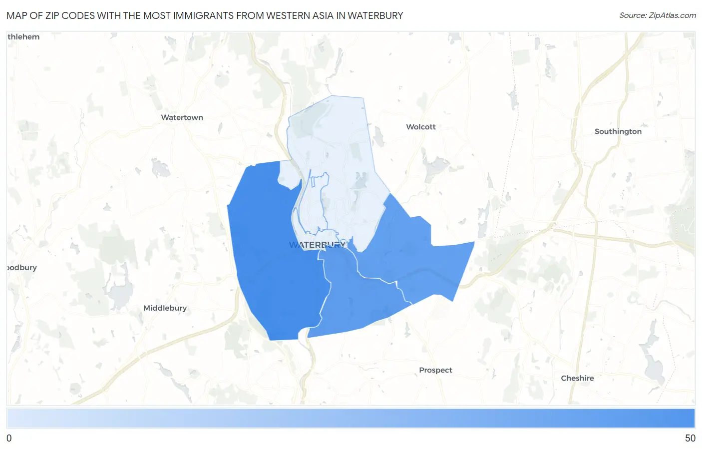 Zip Codes with the Most Immigrants from Western Asia in Waterbury Map