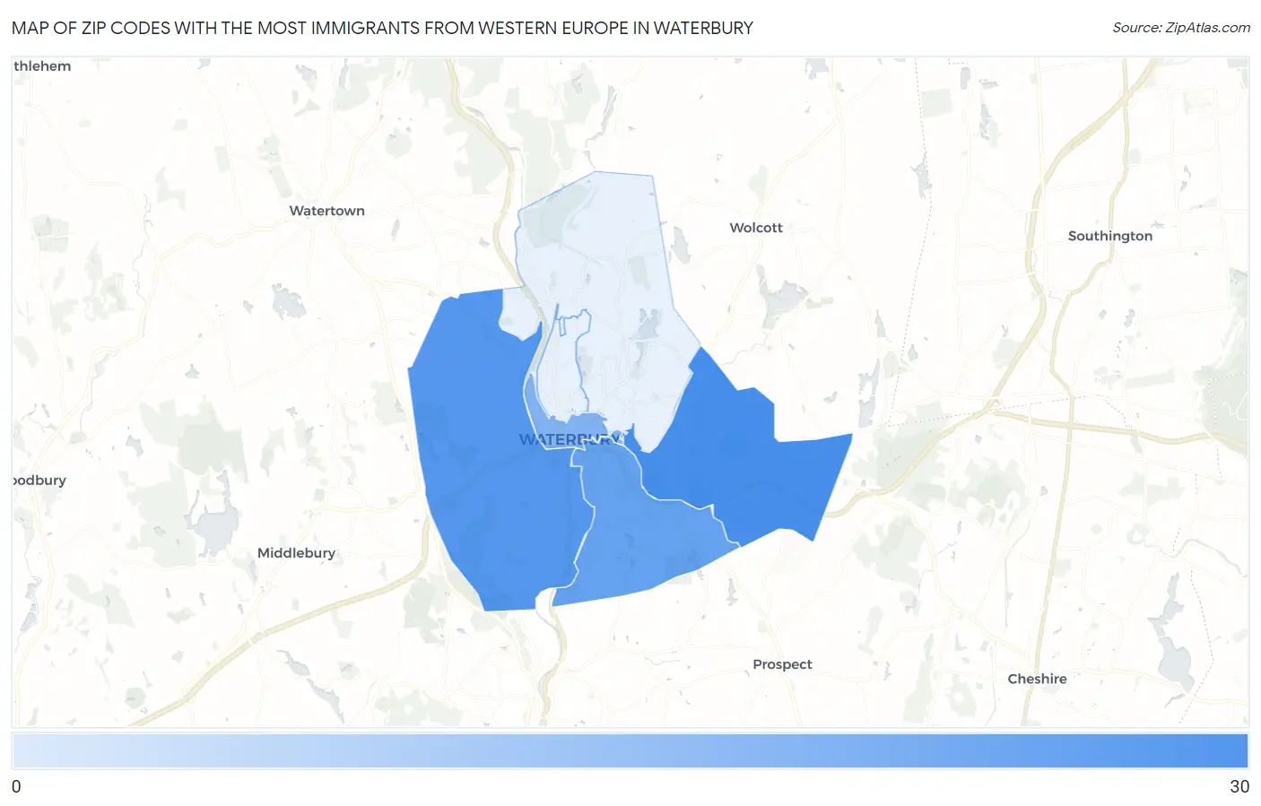 Zip Codes with the Most Immigrants from Western Europe in Waterbury Map