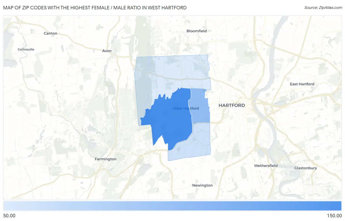 Zip Codes with the Highest Female / Male Ratio in West Hartford Map