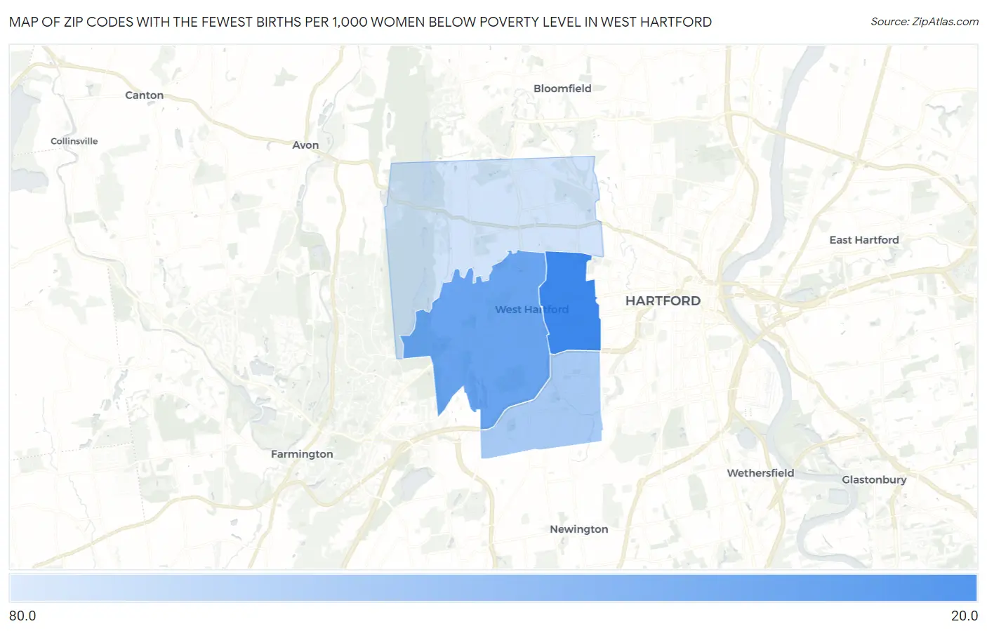 Zip Codes with the Fewest Births per 1,000 Women Below Poverty Level in West Hartford Map