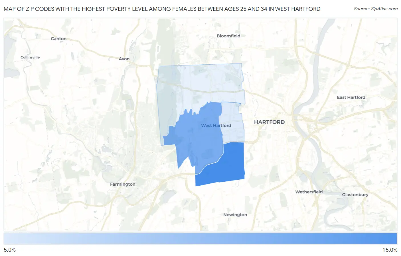 Zip Codes with the Highest Poverty Level Among Females Between Ages 25 and 34 in West Hartford Map