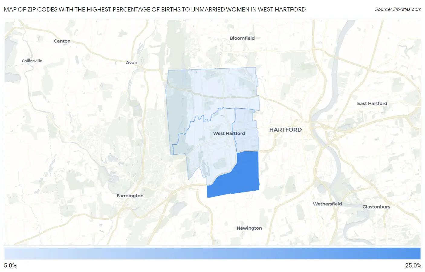 Zip Codes with the Highest Percentage of Births to Unmarried Women in West Hartford Map