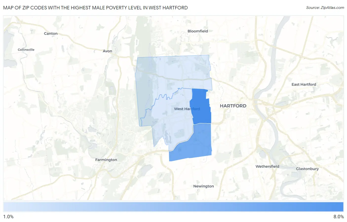 Zip Codes with the Highest Male Poverty Level in West Hartford Map