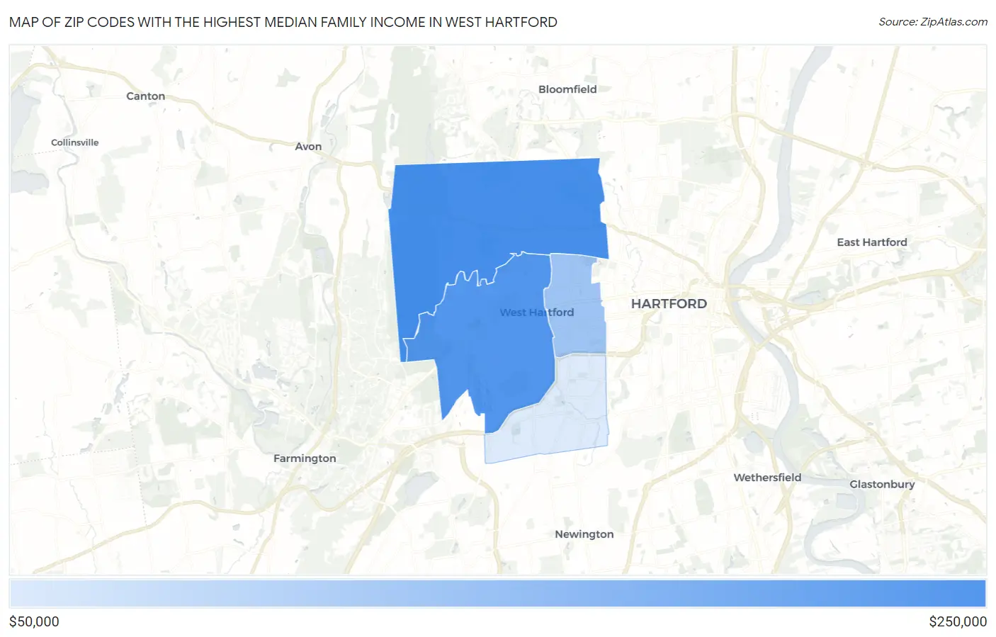 Zip Codes with the Highest Median Family Income in West Hartford Map