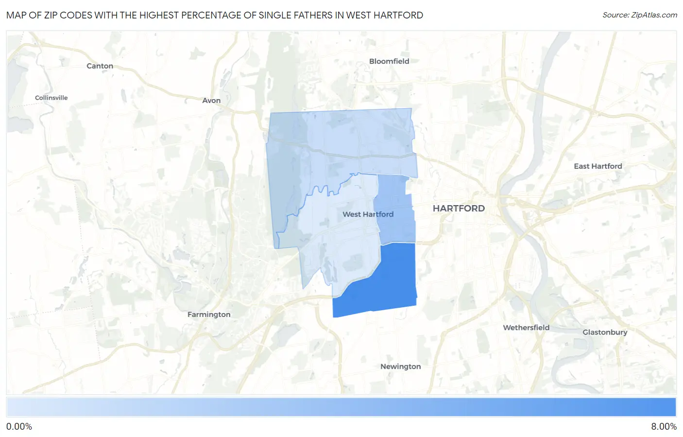 Zip Codes with the Highest Percentage of Single Fathers in West Hartford Map