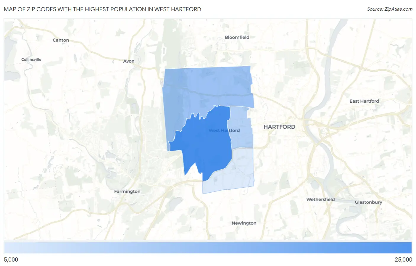 Zip Codes with the Highest Population in West Hartford Map