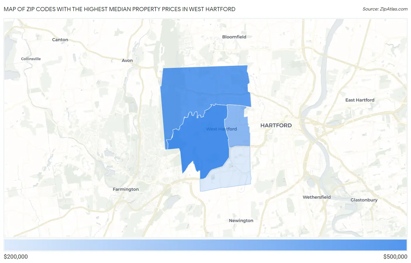 Zip Codes with the Highest Median Property Prices in West Hartford Map