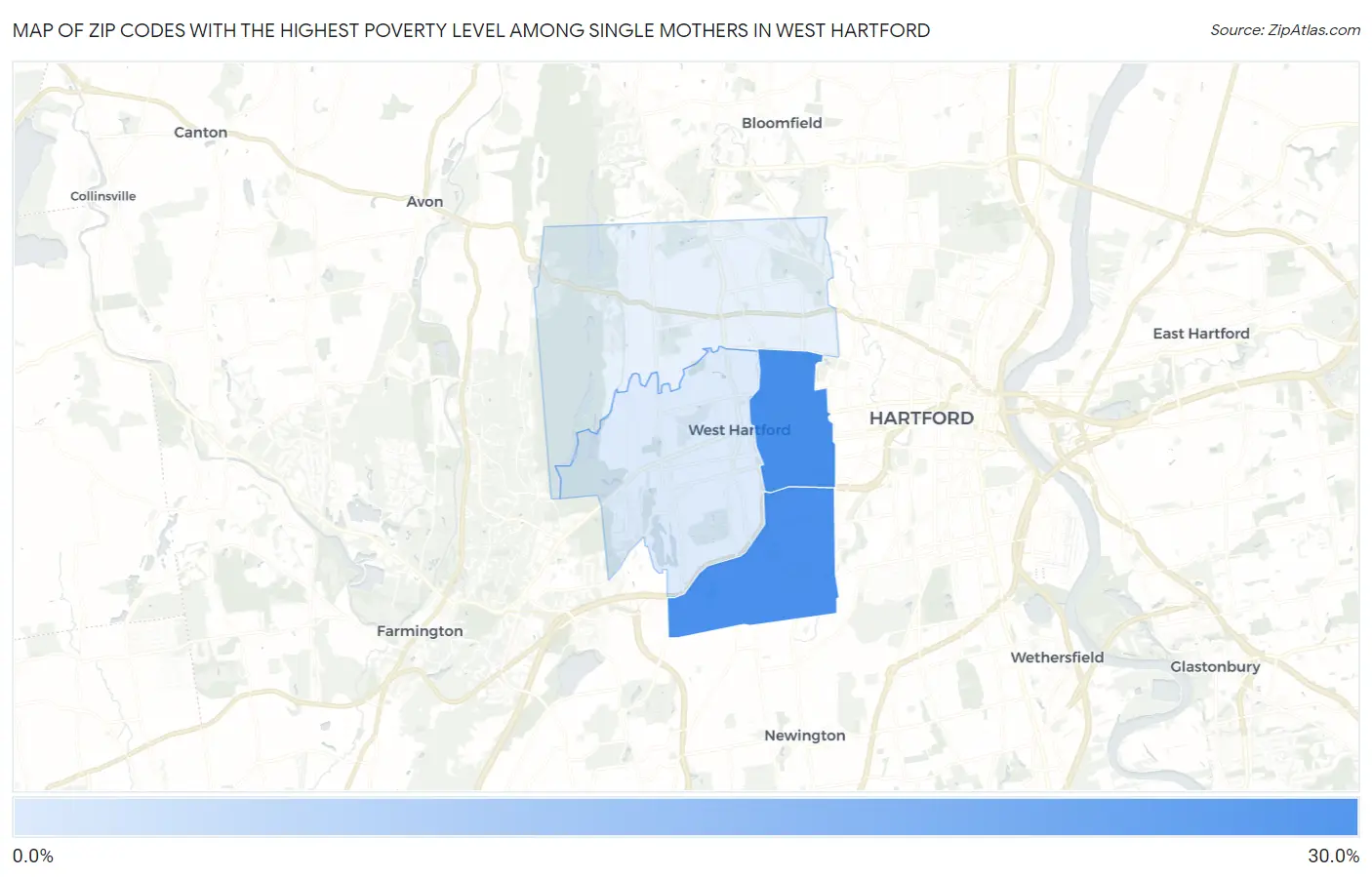 Zip Codes with the Highest Poverty Level Among Single Mothers in West Hartford Map