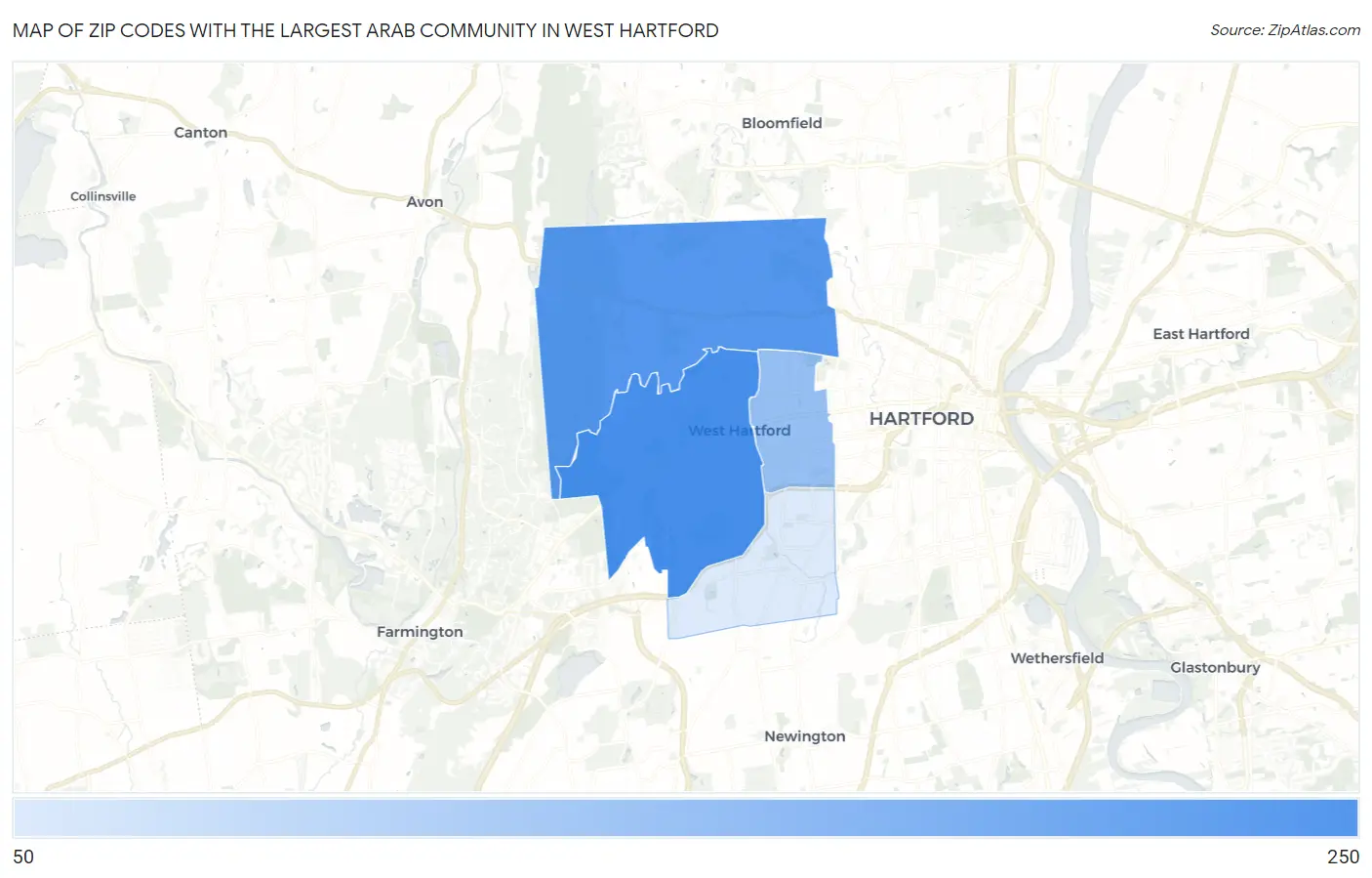 Zip Codes with the Largest Arab Community in West Hartford Map