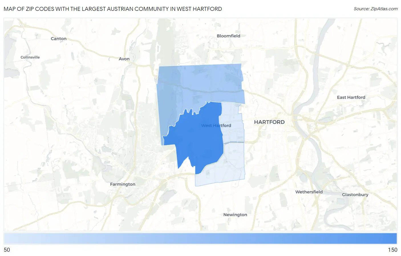 Zip Codes with the Largest Austrian Community in West Hartford Map