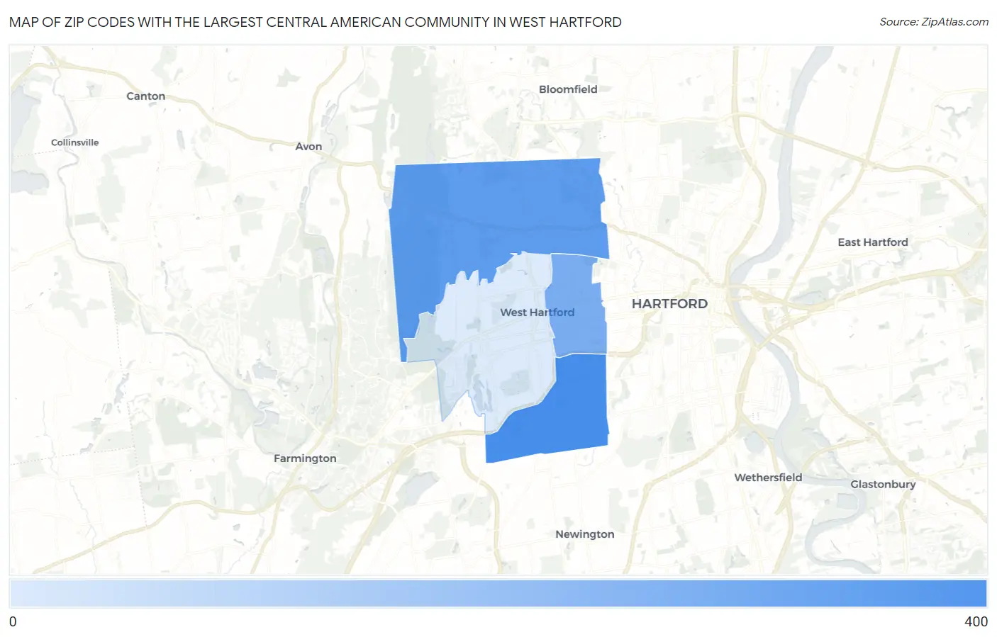 Zip Codes with the Largest Central American Community in West Hartford Map