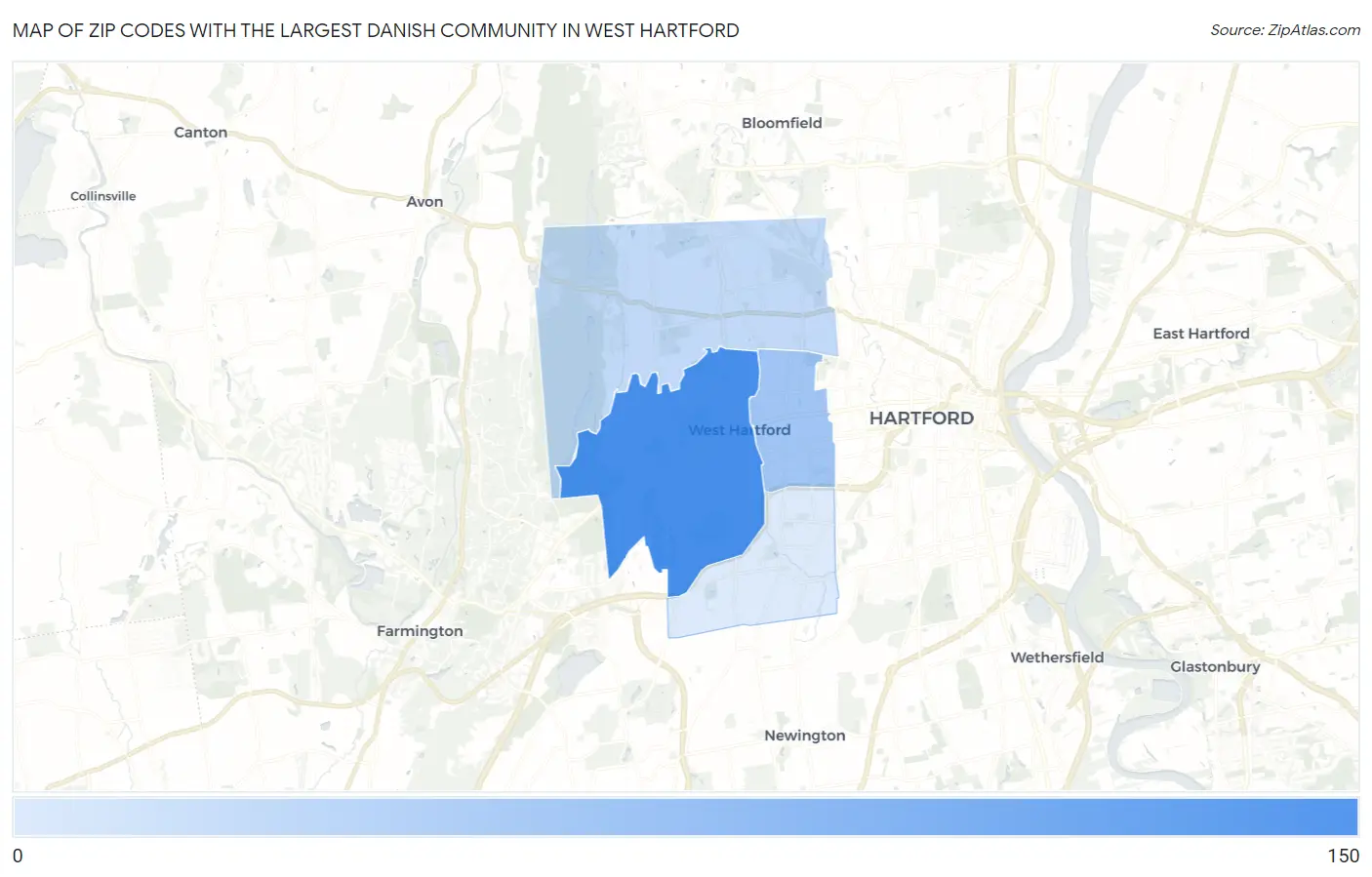 Zip Codes with the Largest Danish Community in West Hartford Map