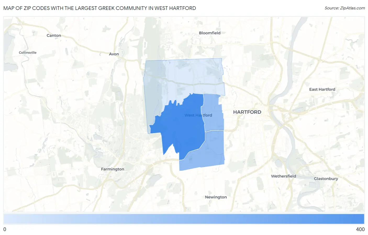 Zip Codes with the Largest Greek Community in West Hartford Map