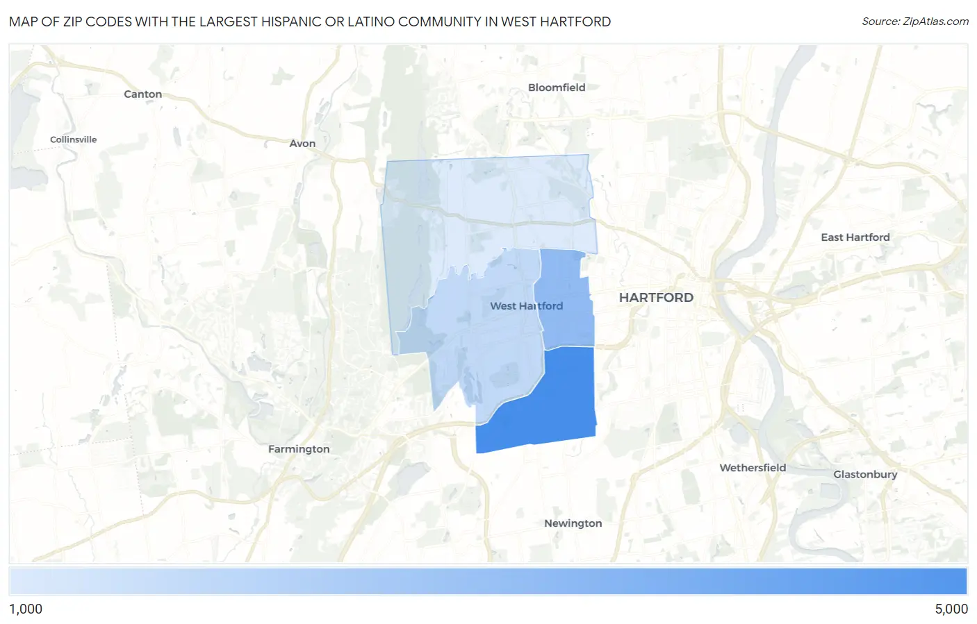 Zip Codes with the Largest Hispanic or Latino Community in West Hartford Map