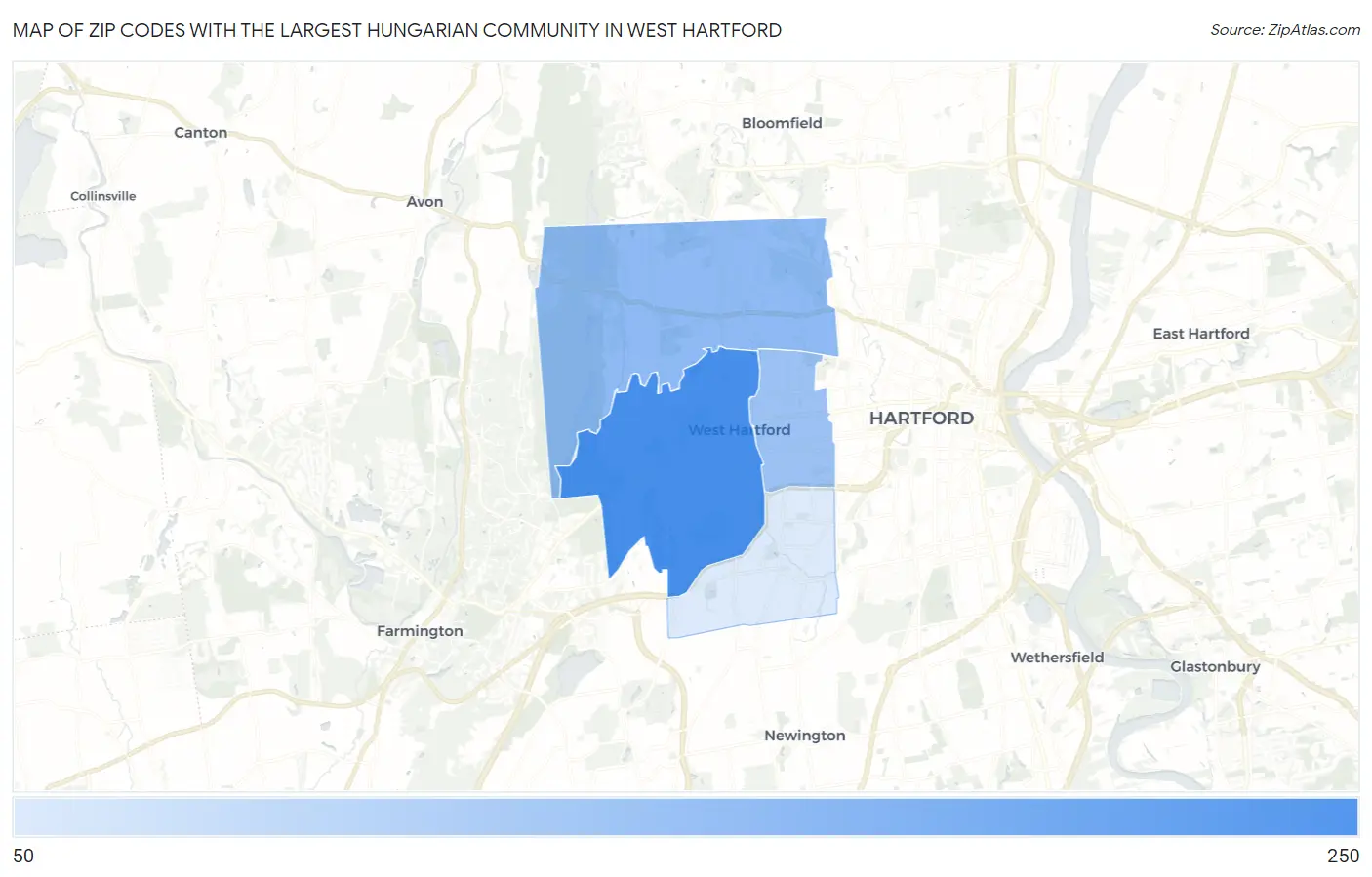 Zip Codes with the Largest Hungarian Community in West Hartford Map