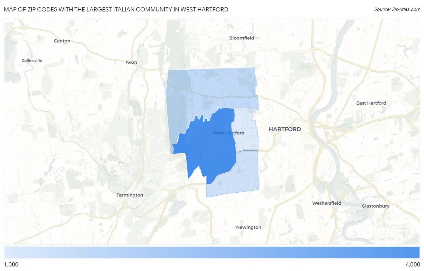 Zip Codes with the Largest Italian Community in West Hartford Map