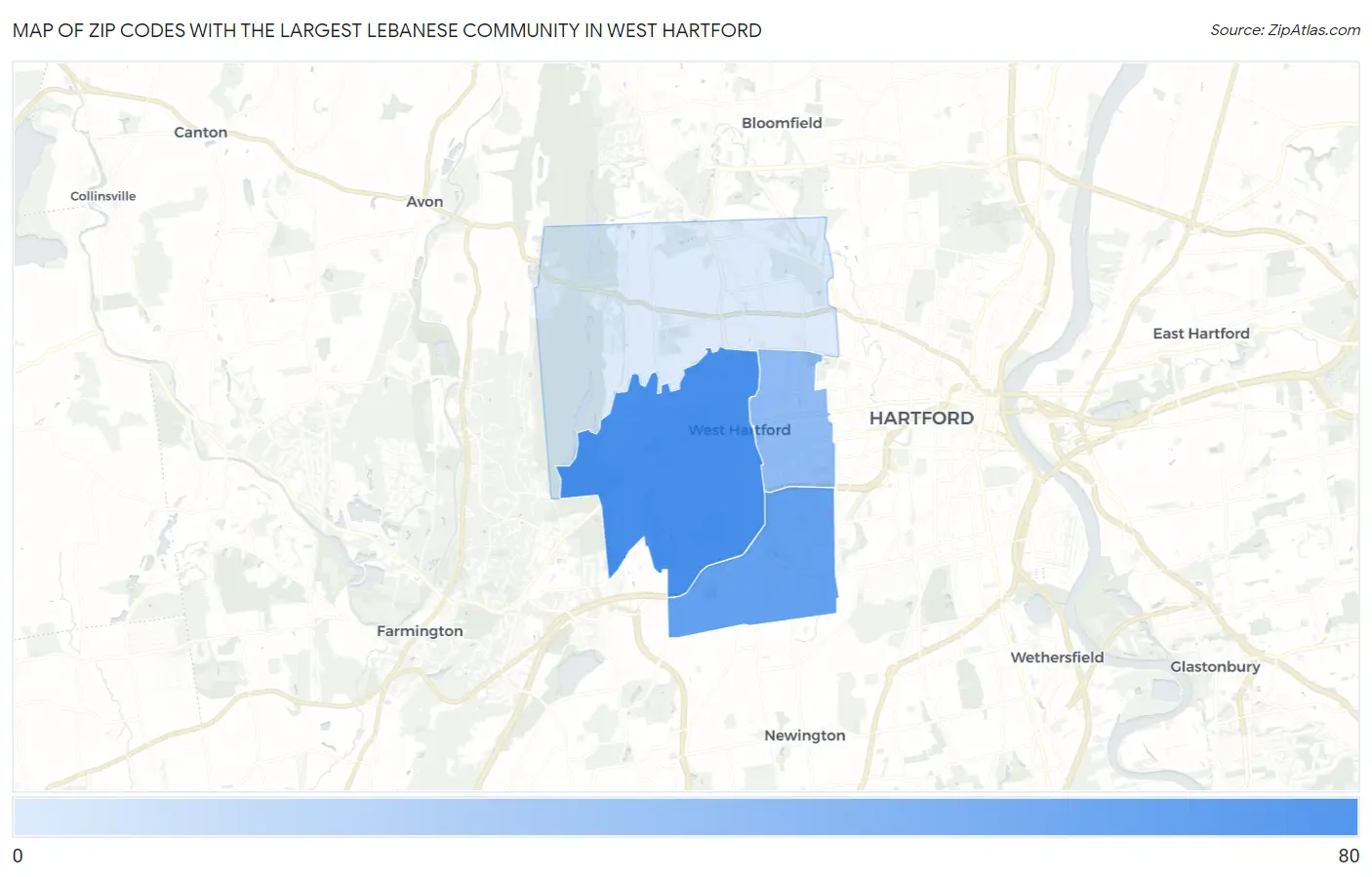 Zip Codes with the Largest Lebanese Community in West Hartford Map