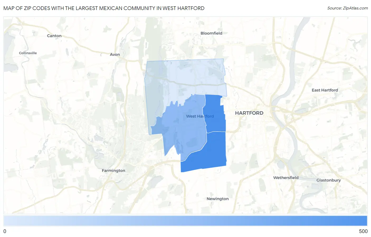 Zip Codes with the Largest Mexican Community in West Hartford Map