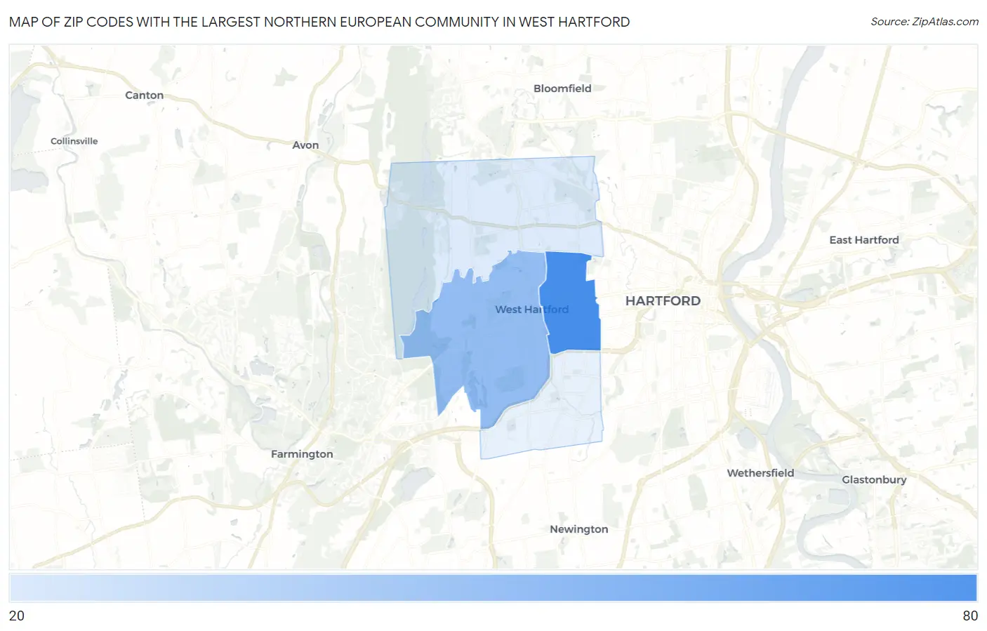 Zip Codes with the Largest Northern European Community in West Hartford Map
