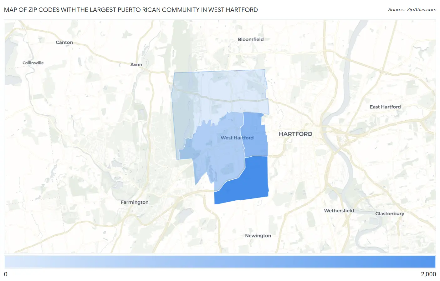 Zip Codes with the Largest Puerto Rican Community in West Hartford Map