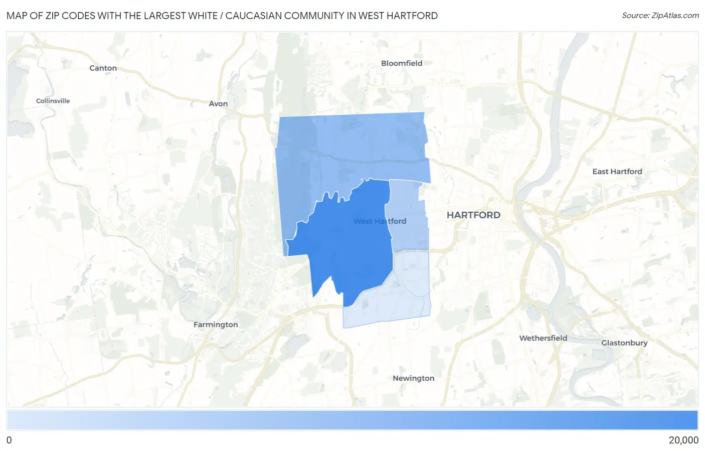 Zip Codes with the Largest White / Caucasian Community in West Hartford Map