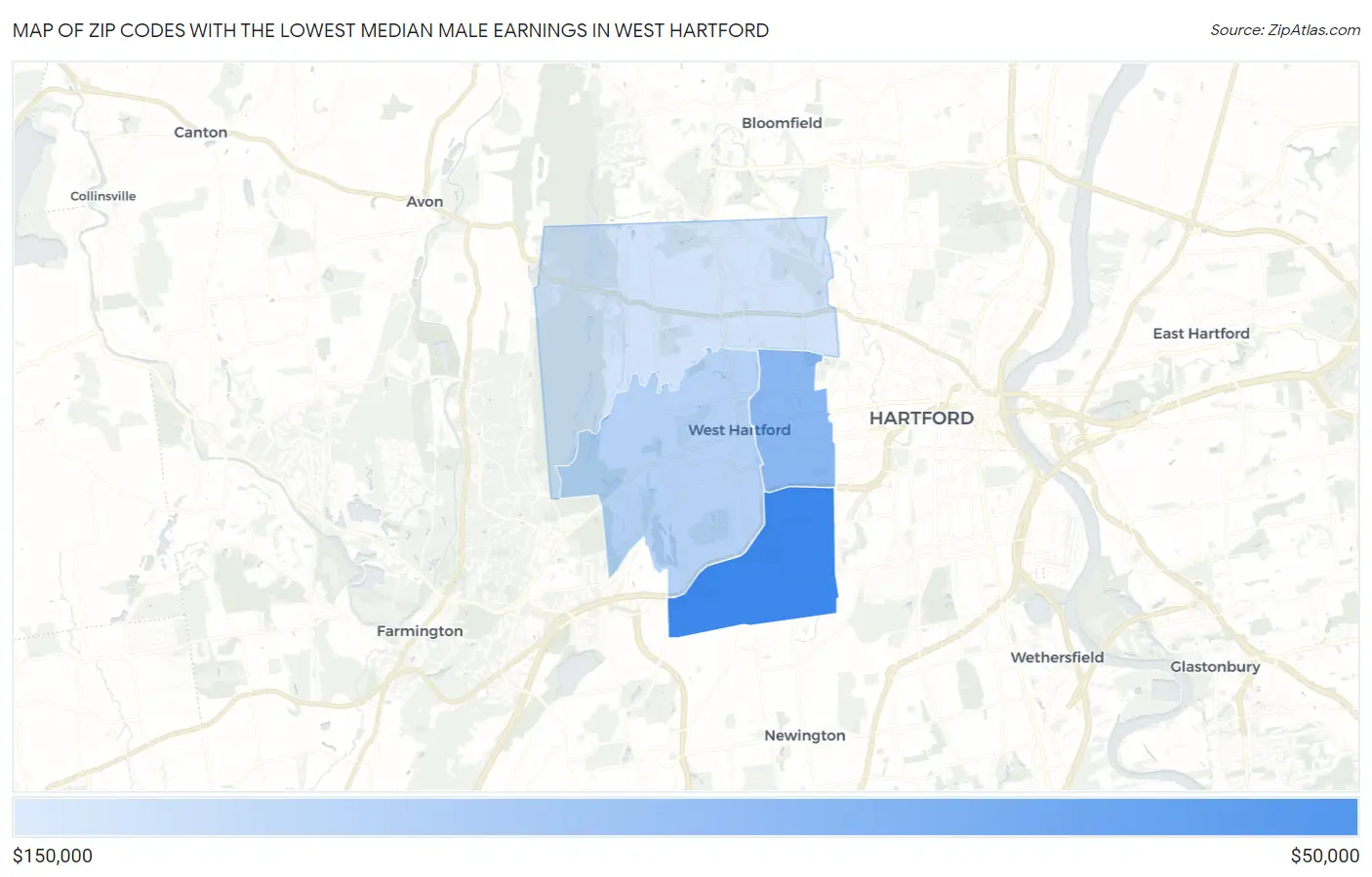 Zip Codes with the Lowest Median Male Earnings in West Hartford Map