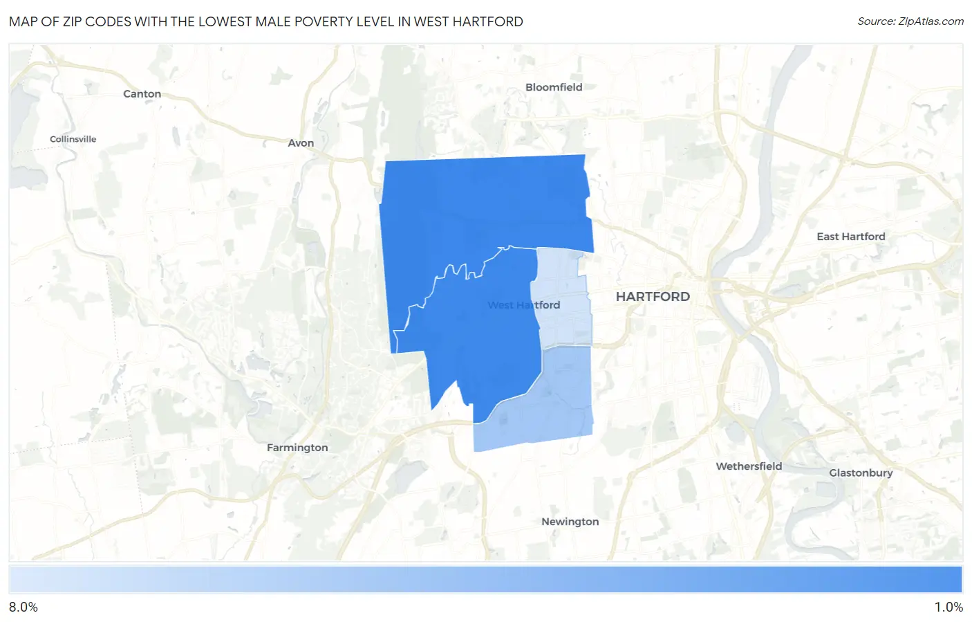 Zip Codes with the Lowest Male Poverty Level in West Hartford Map