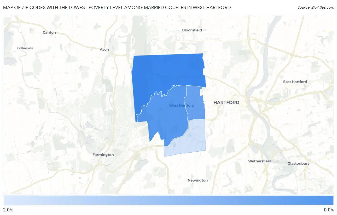 Zip Codes with the Lowest Poverty Level Among Married Couples in West Hartford Map